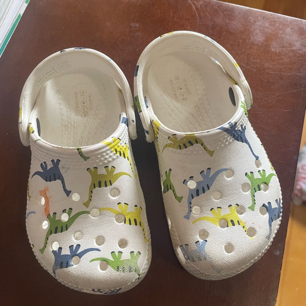 Kids White Clog Shoes with Colorful Dinosaur Print